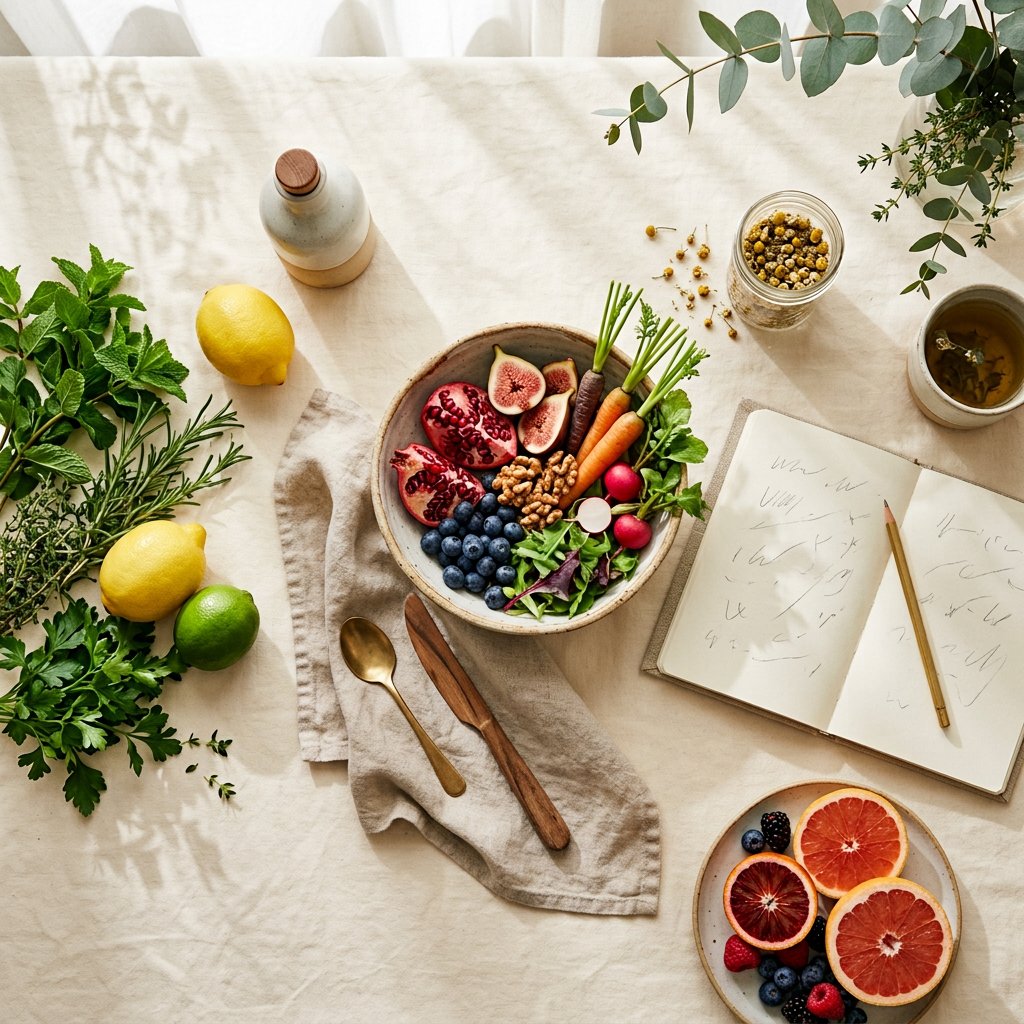 Colorful whole foods and a notebook on a warm table