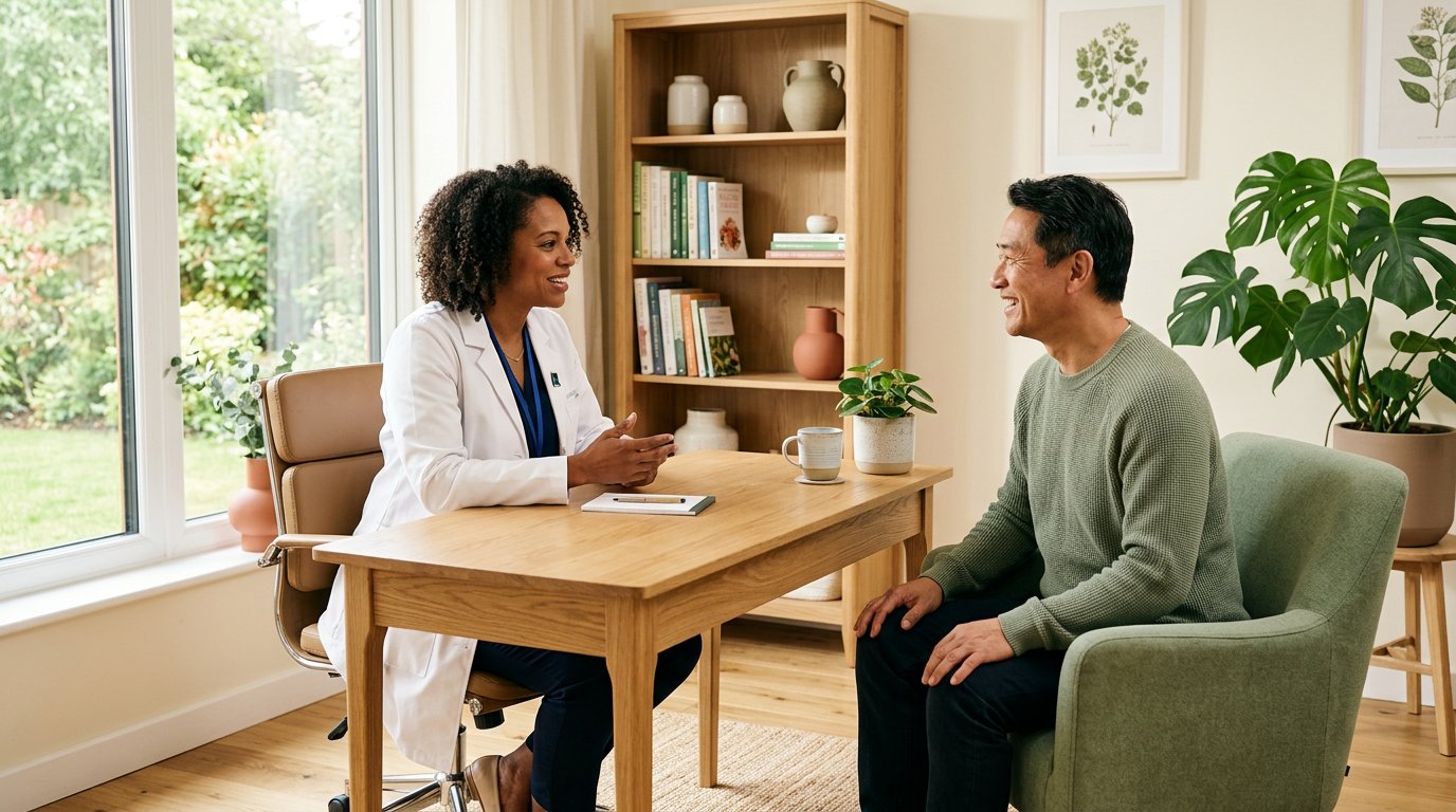 Healthcare professional speaking with a patient in a calm consultation room